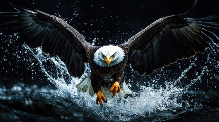 Eagle bird flying with intense wing flaps, water splashes adding motion against dark backgroundの素材