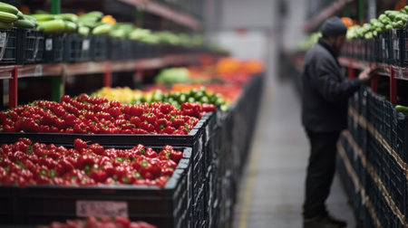 A vibrant showcase of fresh produce in a wholesale market, featuring an array of red tomatoes and green cucumbers, capturing the essence of healthy food choices and lively shopping experiences.の素材
