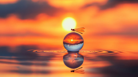 Dragonfly on water droplet at dusk, mirroring warm sunset, capturing nature calmの素材