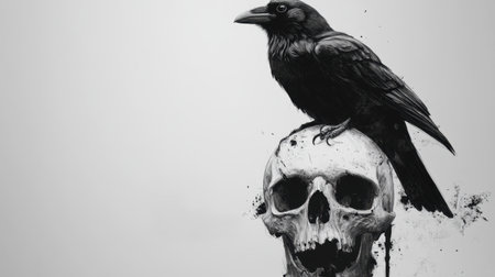 Crow perches on a skull in black and white sketch, modern and minimalist design, isolated on whiteの素材