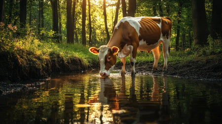Gentle cow drinking from forest stream, sun rays filtering through leaves, nature calmの素材