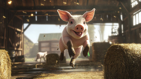 Piglet jumping amidst hay bale, lively scene in a barn with rustic vibesの素材