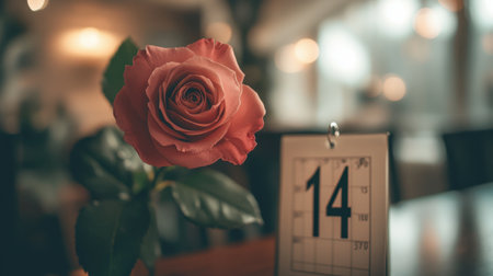 A beautifully arranged rose and a calendar marked February 14th sit together, embodying Valentine's Day's charm and sentimental significanceの素材