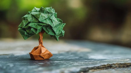 Origami tree morphing into a real one, representing evolution and transformation in nature and lifeの素材