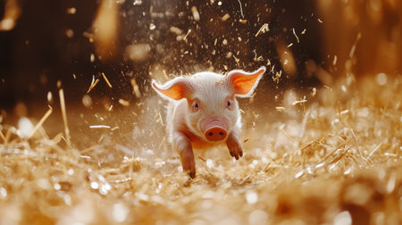 Little piglet jumps through hay bale in barn, straw swirling around, fun and lively farm lifeの素材