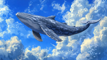 Large grey whale leaps under the sunlight, with clear blue sky and white clouds overheadの素材