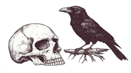 Hand-drawn sketch of a crow perched on a skull, isolated on white; modern illustration style with bold detailsの素材
