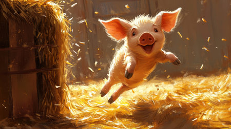 Little piglet jumps through hay bale in barn, straw swirling around, fun and lively farm lifeの素材