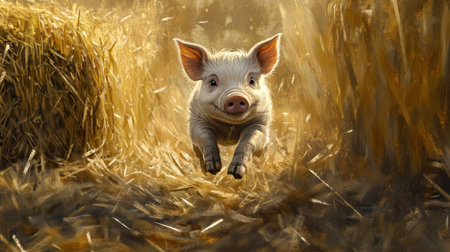 Little piglet jumps through hay bale in barn, straw swirling around, fun and lively farm lifeの素材
