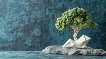 Paper origami tree evolving into a real tree, symbolizing growth and transformation; nature and creativity blendの素材