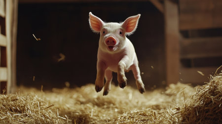 Piglet joyfully leaping through hay in rustic barn, straw in motion, farm charmの素材