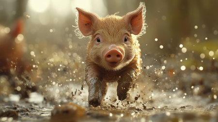 Mud-splashed piglet running with playful energy, water droplets flying as it glances at viewerの素材
