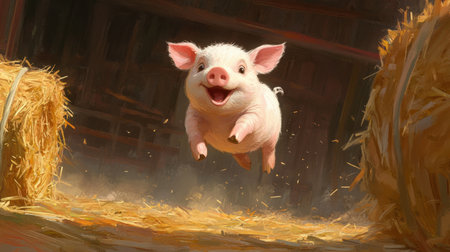Piglet jumping amidst hay bale, lively scene in a barn with rustic vibesの素材