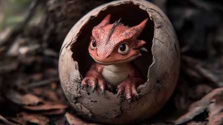 Red dragon cub emerging from a giant egg shell, eyes wide with wonder; a mythical creature first lookの素材