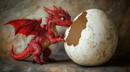Red dragon cub breaking through a large egg shell, expressing curiosity and wonder, fantasy conceptの素材