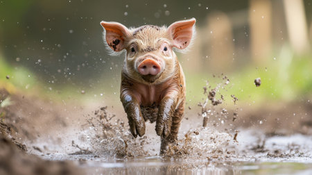 Mud-covered piglet running through puddle, water splashes around, happy farm life momentの素材