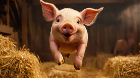 Piglet jumping amidst hay bale, lively scene in a barn with rustic vibesの素材