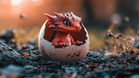 Small red dragon cub peeking out from a cracked egg shell, mysterious and magical creature revealedの素材
