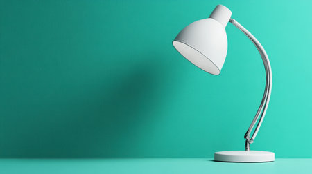 Sleek white desk lamp with a curved arm, casting a warm glow on a green wall, modern designの素材
