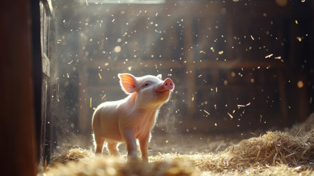 Playful piglet surrounded by swirling hay, rustic barn setting, filled with joyの素材