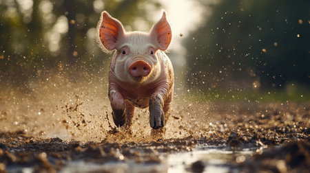 Mud-covered piglet running through puddle, water splashes around, happy farm life momentの素材