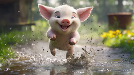 Piglet dashing through muddy puddle, splashing joyfully, playful and lively expressionの素材