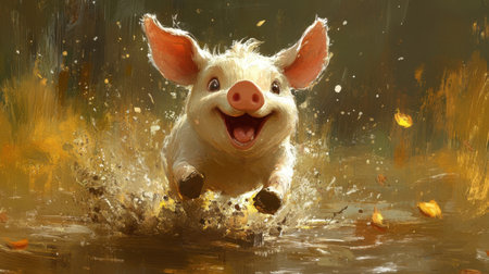 Piglet dashing through muddy puddle, splashing joyfully, playful and lively expressionの素材