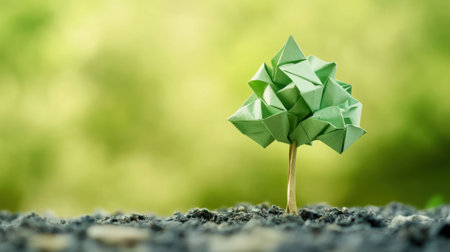 Paper origami tree beginning to turn real, concept of growth, transformation, and environmental awarenessの素材