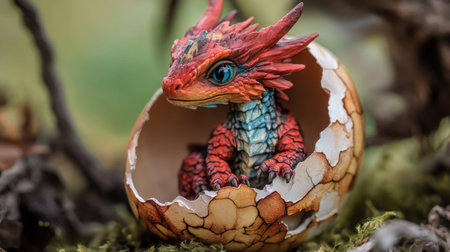 Small red dragon cub in half-broken egg shell, freshly hatched with vibrant colors and magical appealの素材
