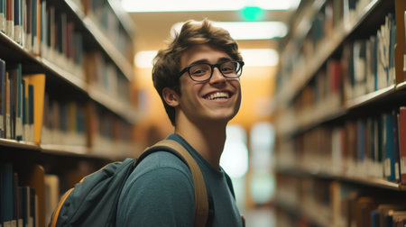 A cheerful male student wearing glasses and a backpack smiles while standing in a library aisle surrounded by shelves of booksの素材