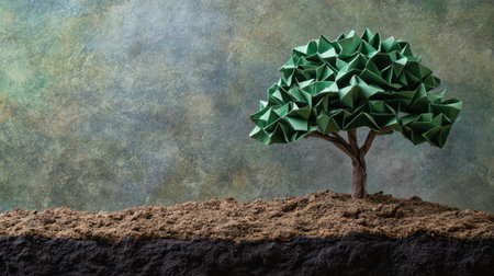Paper origami tree evolving into a real tree, symbolizing growth and transformation; nature and creativity blendの素材
