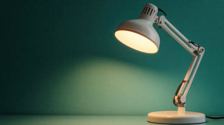 Sleek white desk lamp with a curved arm, casting a warm glow on a green wall, modern designの素材