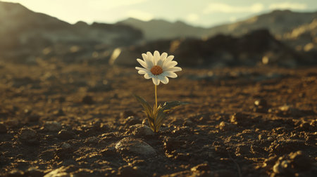 White daisy sprouts from parched soil, symbolizing new beginnings and hope amid struggle; renewal conceptの素材