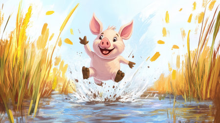 Piglet dashing through muddy puddle, splashing joyfully, playful and lively expressionの素材
