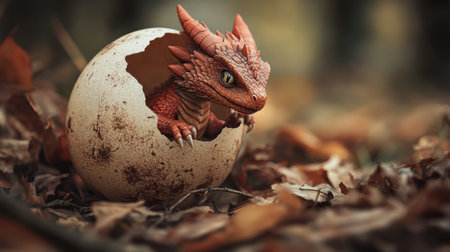 Red dragon cub breaking through a large egg shell, expressing curiosity and wonder, fantasy conceptの素材