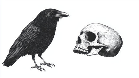 Monochrome crow and skull sketch, minimal yet detailed hand-drawn illustration; modern, isolated on whiteの素材