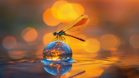 Sunset-lit dragonfly on a water droplet, golden hues in background and reflectionの素材