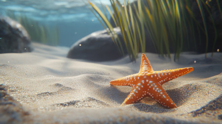 Orange sea star rests on a sandy ocean floor in clear blue water, representing serene underwater beautyの素材