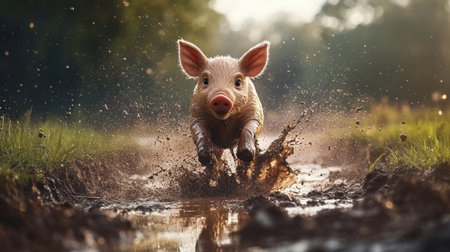 Piglet dashing through muddy puddle, splashing joyfully, playful and lively expressionの素材