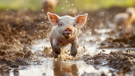 Mud-covered piglet running through puddle, water splashes around, happy farm life momentの素材