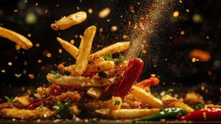 A burst of fried food, including golden fries, peppers, and herbs, flying against a dark backdrop, highlighted by shimmering seasoning and sparksの素材