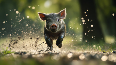 Mud-splashed piglet running with playful energy, water droplets flying as it glances at viewerの素材