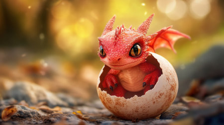 Small red dragon cub peeking out from a cracked egg shell, mysterious and magical creature revealedの素材