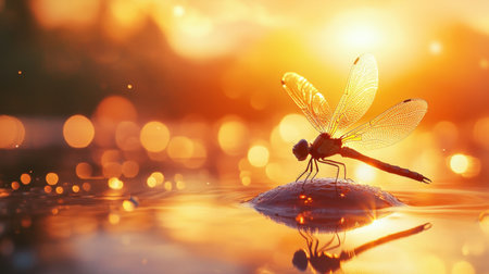 Sunset-lit dragonfly on a water droplet, golden hues in background and reflectionの素材