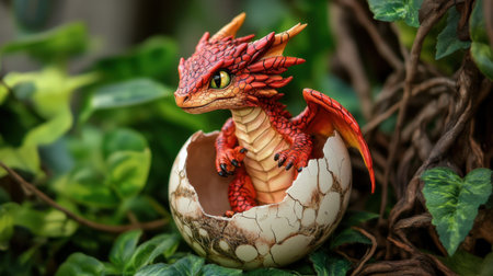 Small red dragon cub in half-broken egg shell, freshly hatched with vibrant colors and magical appealの素材