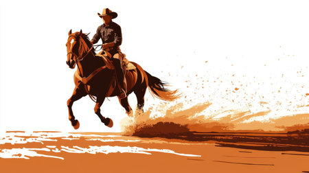 Stylish illustration of cowboy on horse, evoking western life, rodeo, and freedom; isolated on whiteの素材