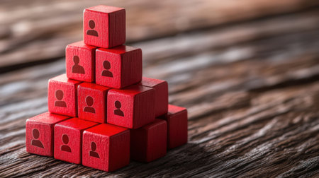 Red block with leader symbol atop stacked cubes with team icons, symbolizing structured leadership and organizationの素材