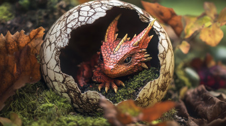Small red dragon cub peeking out from a cracked egg shell, mysterious and magical creature revealedの素材