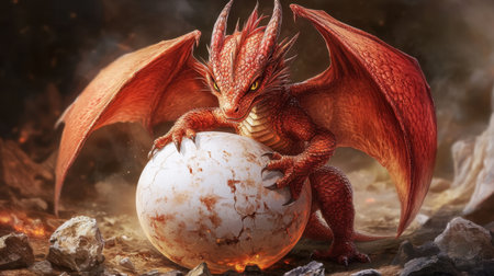 Red dragon cub breaking through a large egg shell, expressing curiosity and wonder, fantasy conceptの素材