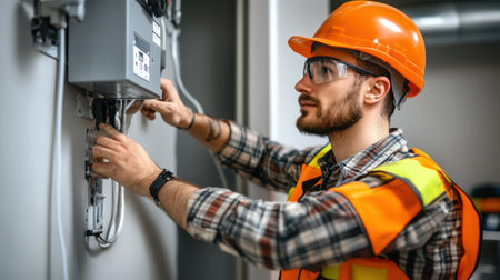 Worker installs ceramic tiles on kitchen wall, using tile spacers for precision; home improvement and handyman conceptの素材